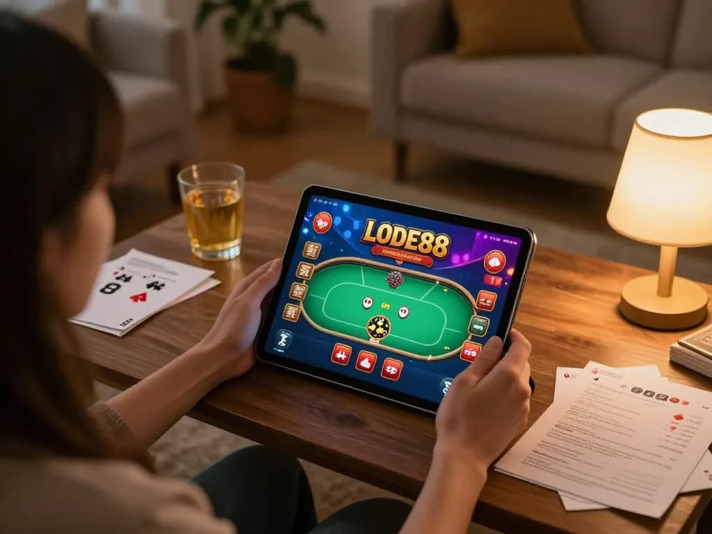 Player engaged with the LODE88 app on tablet, showcasing online poker gameplay in a cozy home setting