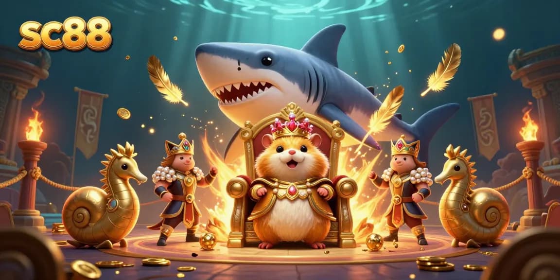 Experience thrilling adventures with sc88 in this dynamic underwater casino scene featuring a golden hamster king.