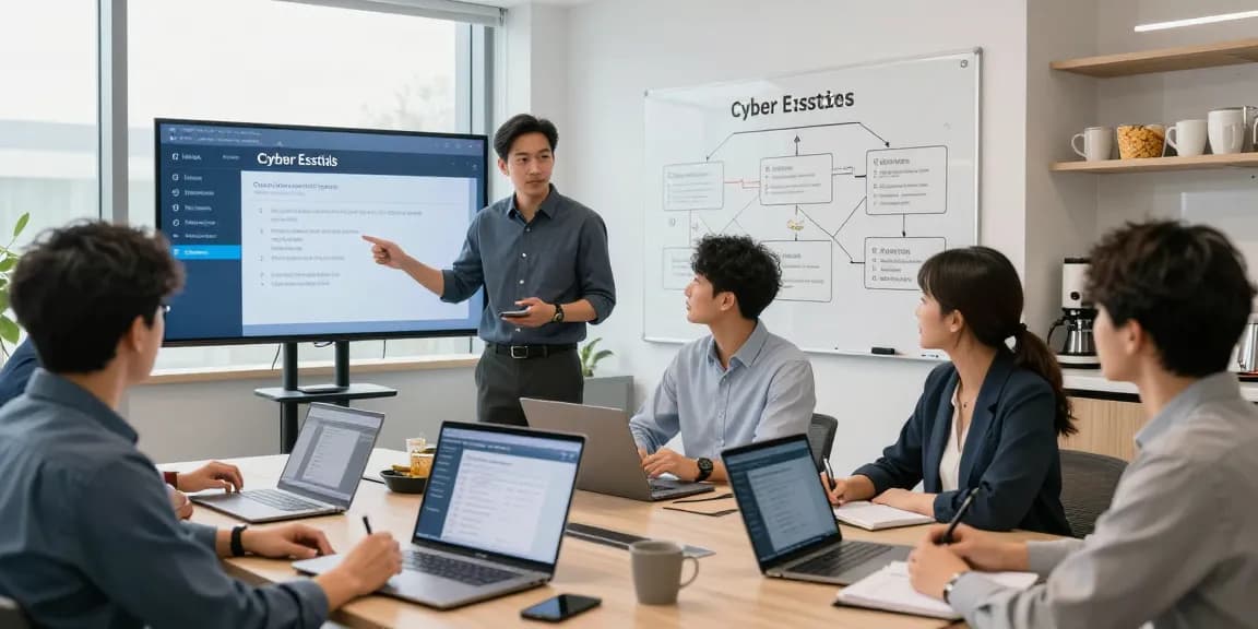 Team discussing how to get cyber essentials certified in a modern office setting with digital devices and interactive displays.