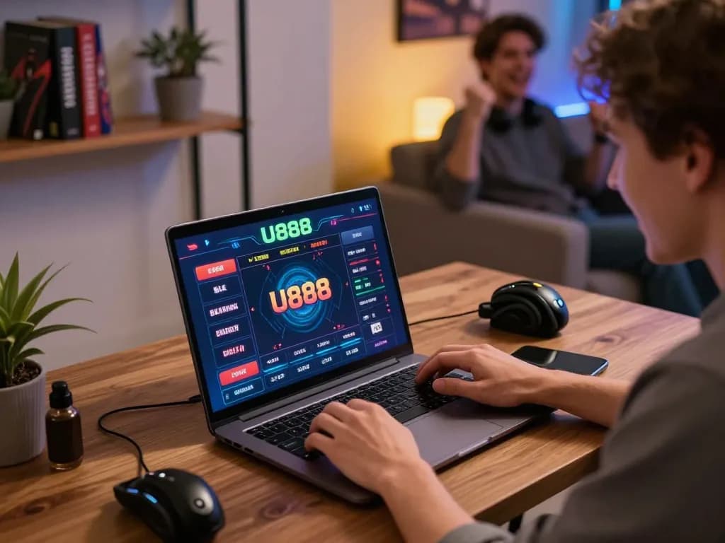 Engaging player placing bets at U888 online casino from stylish home setup
