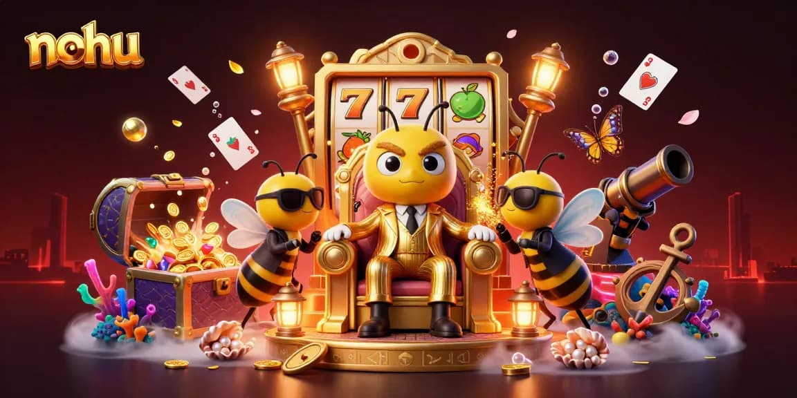 Nohu transforms the gaming scene with captivating slot reels and a bumblebee mob boss illustration.