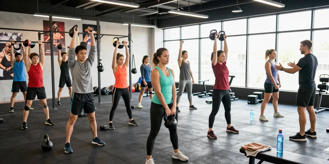 Athletes in a fitness class at Steroide Boutique gym demonstrating strength training techniques in a vibrant, energetic environment.