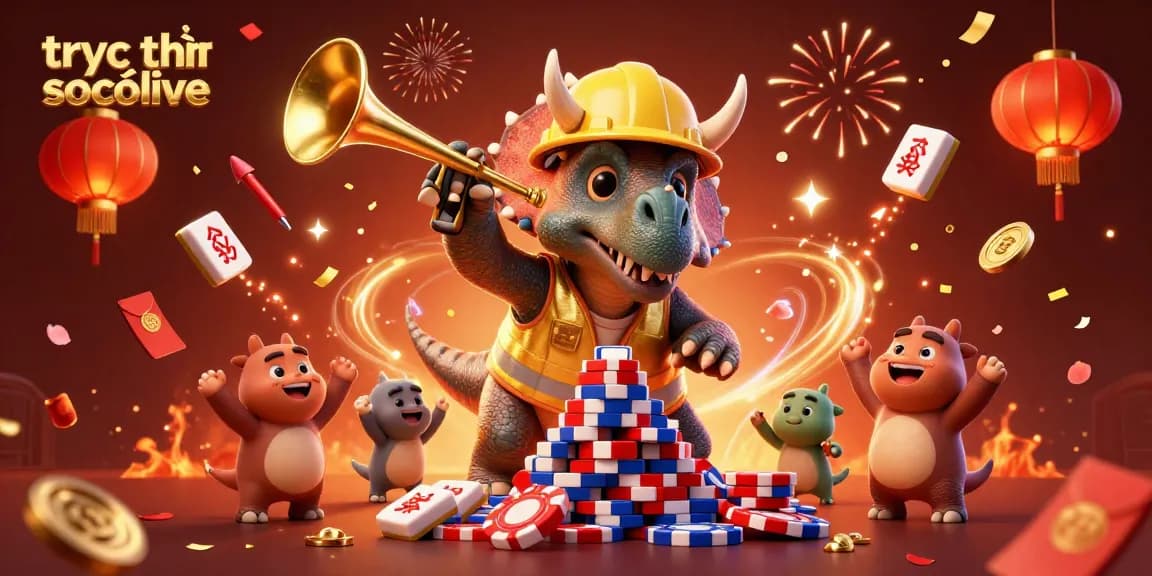 Experience thrilling action with trực tiếp socolive in a vibrant 3D illustrated scene featuring a jubilant triceratops.