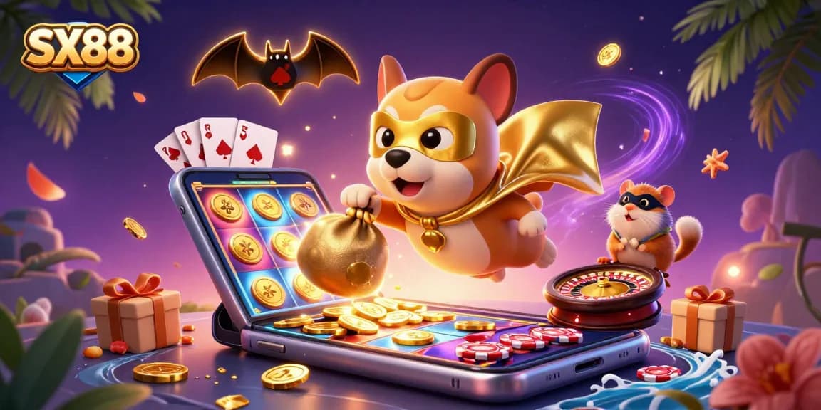 SX88 engages players with vibrant images of a superhero dog and hamster amidst dynamic casino elements, showcasing a thrilling gaming experience.