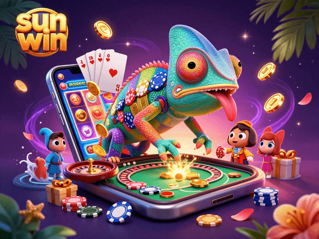 Experience the sun win magic with a vibrant casino scene featuring a chameleon and gaming excitement.