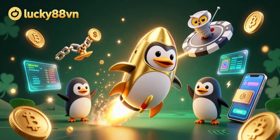 Engage with lucky88vn using a cosmic theme featuring a rocket-powered penguin and crypto elements.