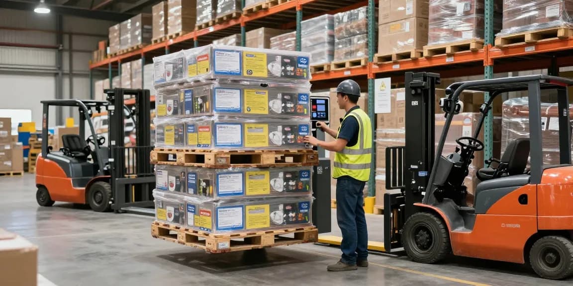 Electric pallet lift lifting heavy pallets in a busy warehouse environment demonstrating efficient material handling.