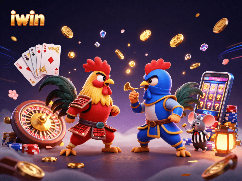 Engaging iwin scene with fighting roosters and vibrant casino elements, captivating for players.