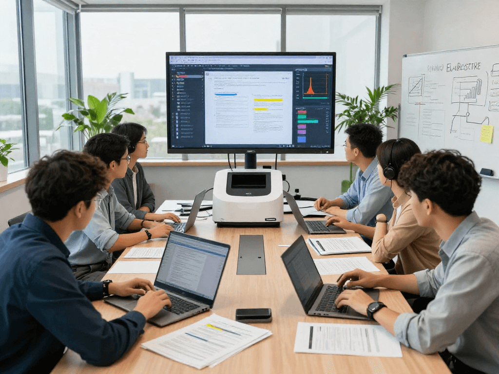 Document fraud detection team analyzing data in a modern office, showcasing collaboration and high-tech tools.