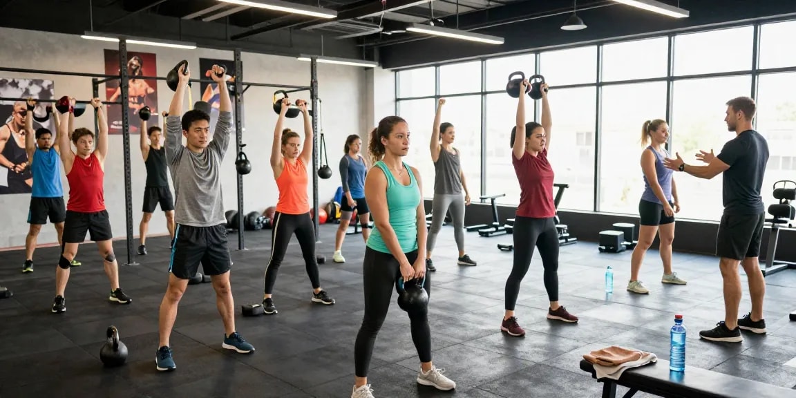 Athletes in a fitness class at Steroide Boutique gym demonstrating strength training techniques in a vibrant, energetic environment.