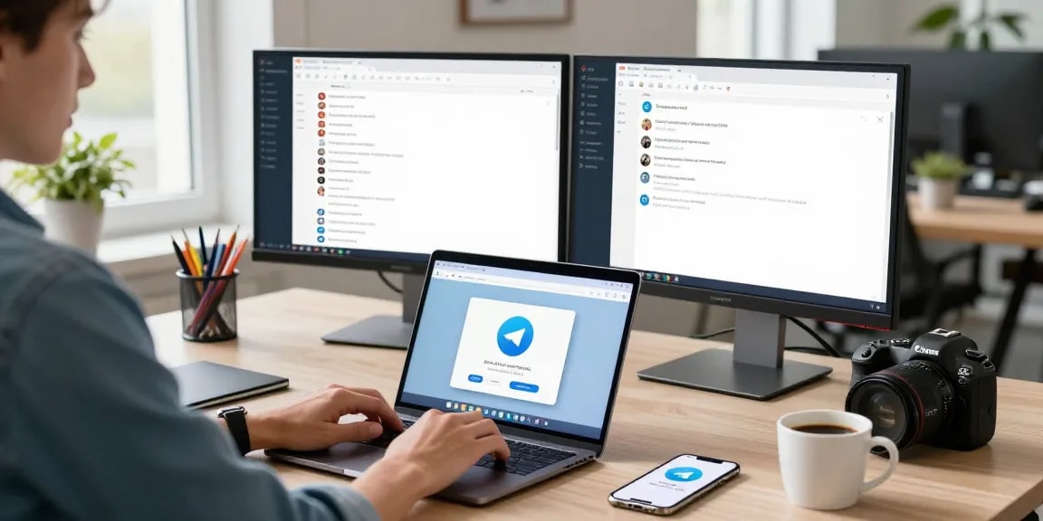 Engaged user exploring the Telegram web version in a modern office setting with dual monitors.