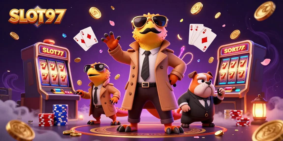 SLOT97 showcases a humorous scene with three cartoon raptors in a trench coat trying to enter a VIP casino, surrounded by gold coins and poker chips.