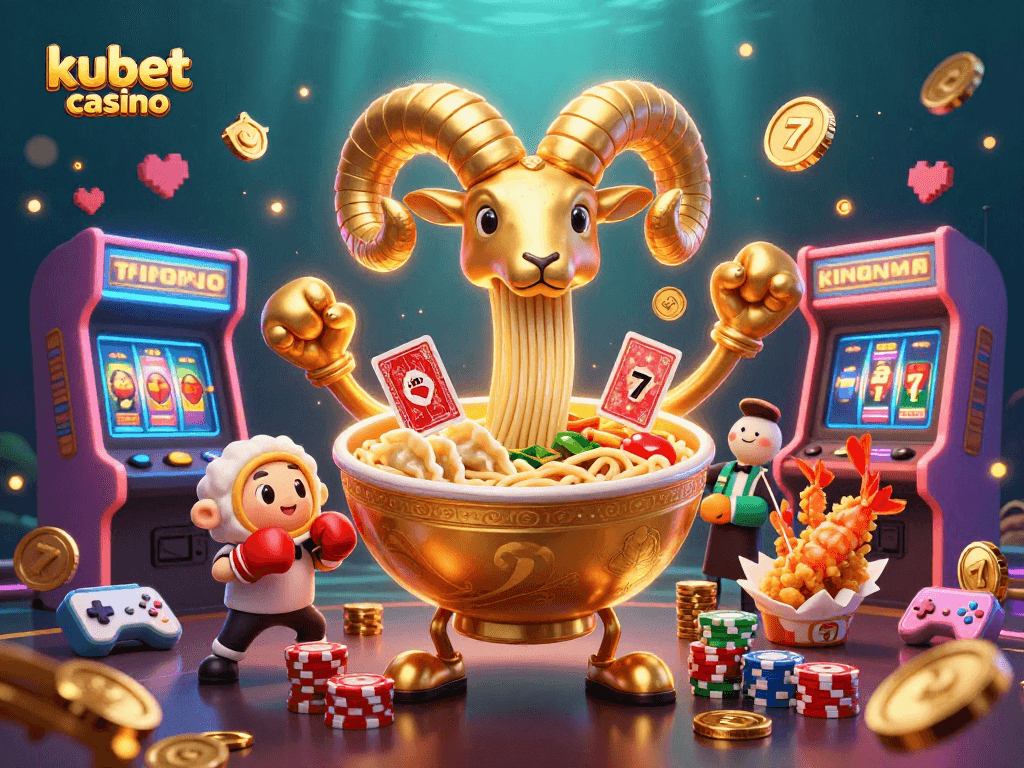 Kubet casino's colorful animated scene featuring a giant ramen bowl dealer and vibrant gaming elements.