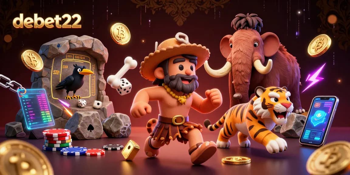 Experience the thrill of debet22 with a colorful prehistoric casino scene featuring a caveman, sabertooth tiger, and a clever crow.