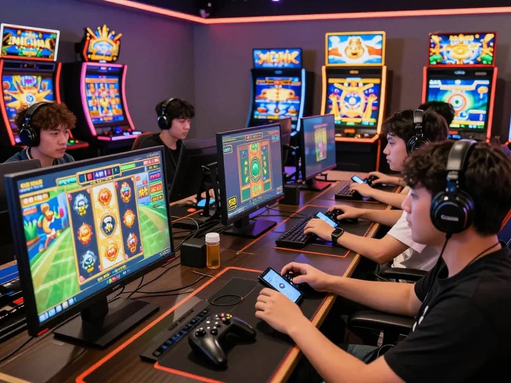 Nổ Hũ online gaming session with players focused on slot machines and vibrant graphics.