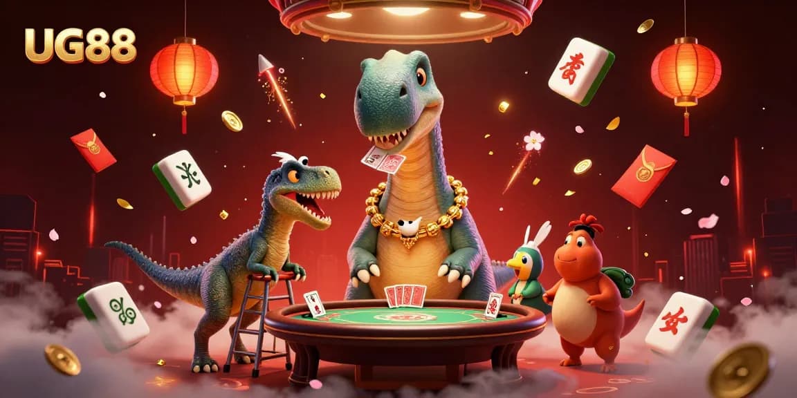 Experience the thrilling UG88 casino with a giant brontosaurus overseeing a dynamic poker scene, filled with vibrant game elements.