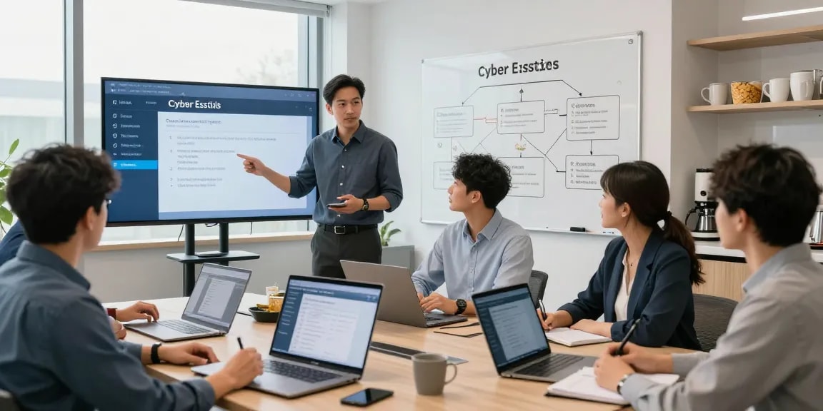 Team discussing how to get cyber essentials certified in a modern office setting with digital devices and interactive displays.