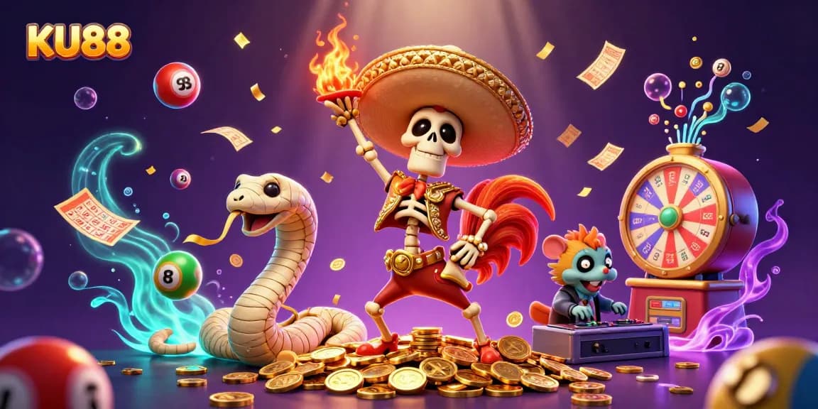 Experience the excitement of KU88 as a mariachi rooster celebrates with golden coins and dynamic games.