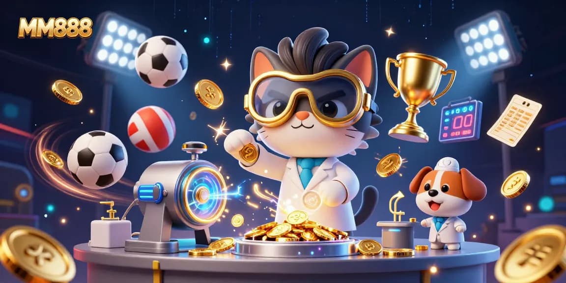Experience the excitement of MM888 with a dynamic casino scene featuring engaging characters and sports betting elements.