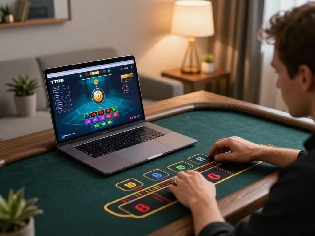 Player engaging with nhà cái tt88 online gaming interface at home, showcasing responsible gambling