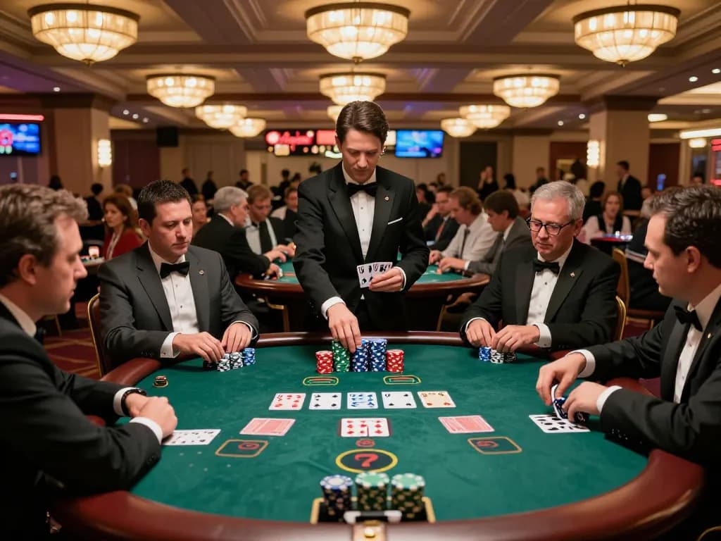 Intense blackjack action at https://vin88us.com/ with players focused on game strategy and chips in a Las Vegas casino.
