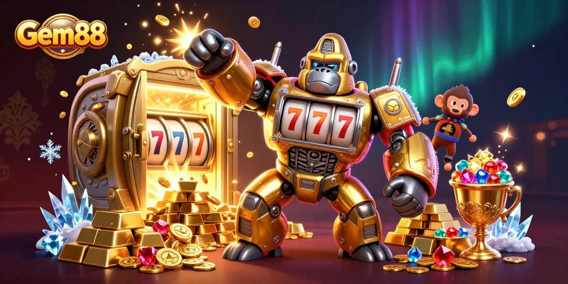Experience the thrilling Gem88 online casino with dynamic golden gorilla mech and treasure.