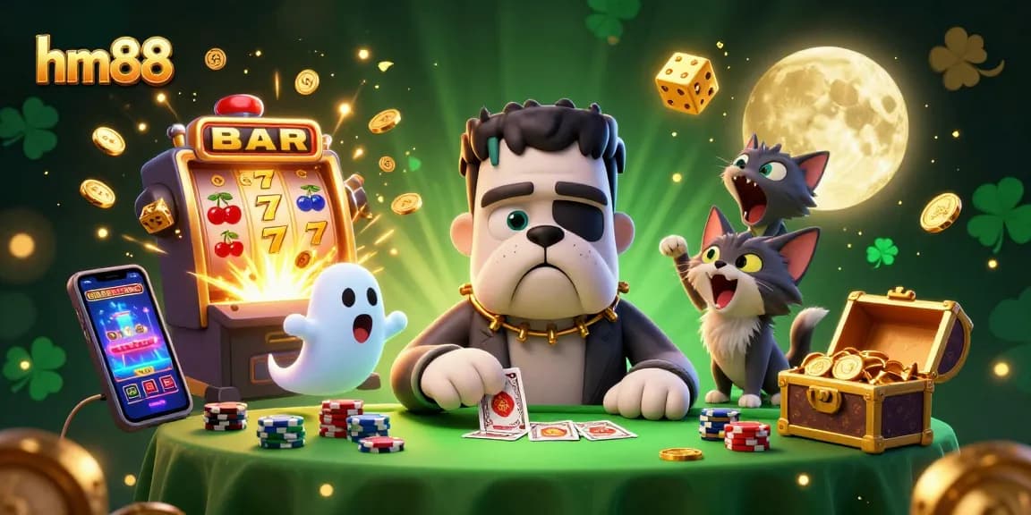 Play thrilling games at hm88 with a spooky backdrop featuring a monster dealer, casino elements, and magical visuals.
