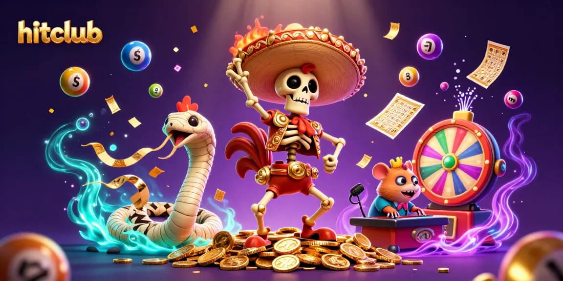 Engage with hitclub's dynamic gaming scene featuring vibrant lottery elements and characters.