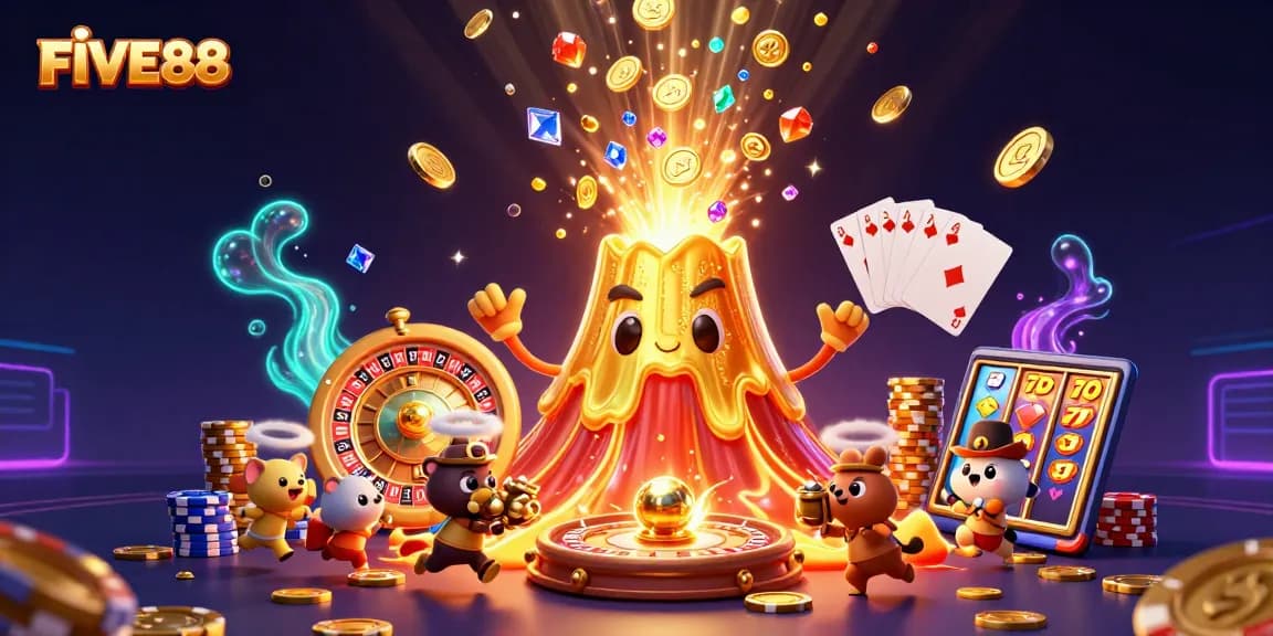 Experience the thrill of FIVE88 as a golden volcano erupts coins and treasure into the air.