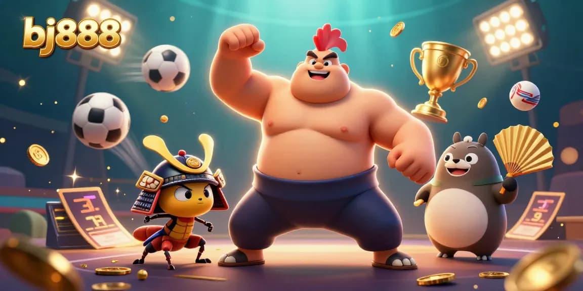 Engage in thrilling gameplay action at bj888, featuring a powerful sumo wrestler and dynamic sports elements.