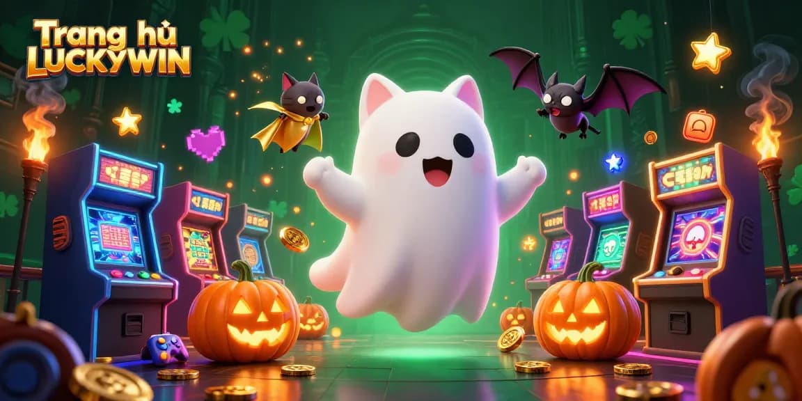 Engage with the vibrant scene at Trang chủ LUCKYWIN, featuring a playful ghost cat and game elements in a haunted casino.