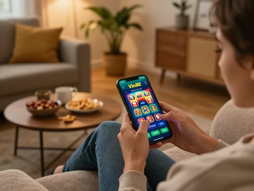 Engaging with Vin88's mobile casino app in a cozy home setting, emphasizing responsible gaming.