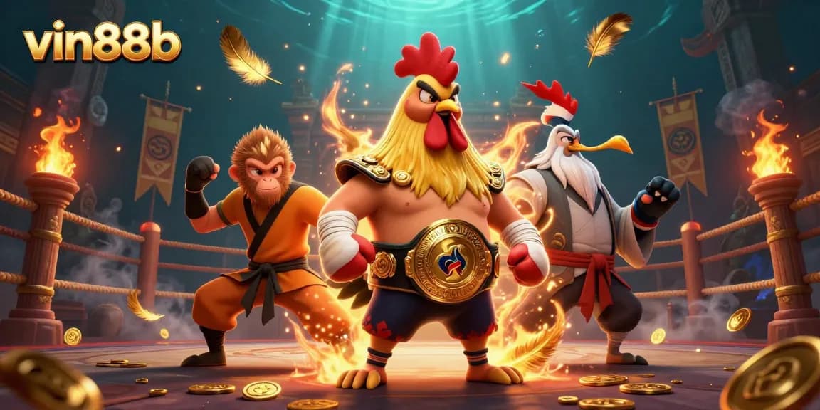 Experience thrilling action at vin88b with a Muay Thai rooster and a Shaolin monkey in an epic casino atmosphere.