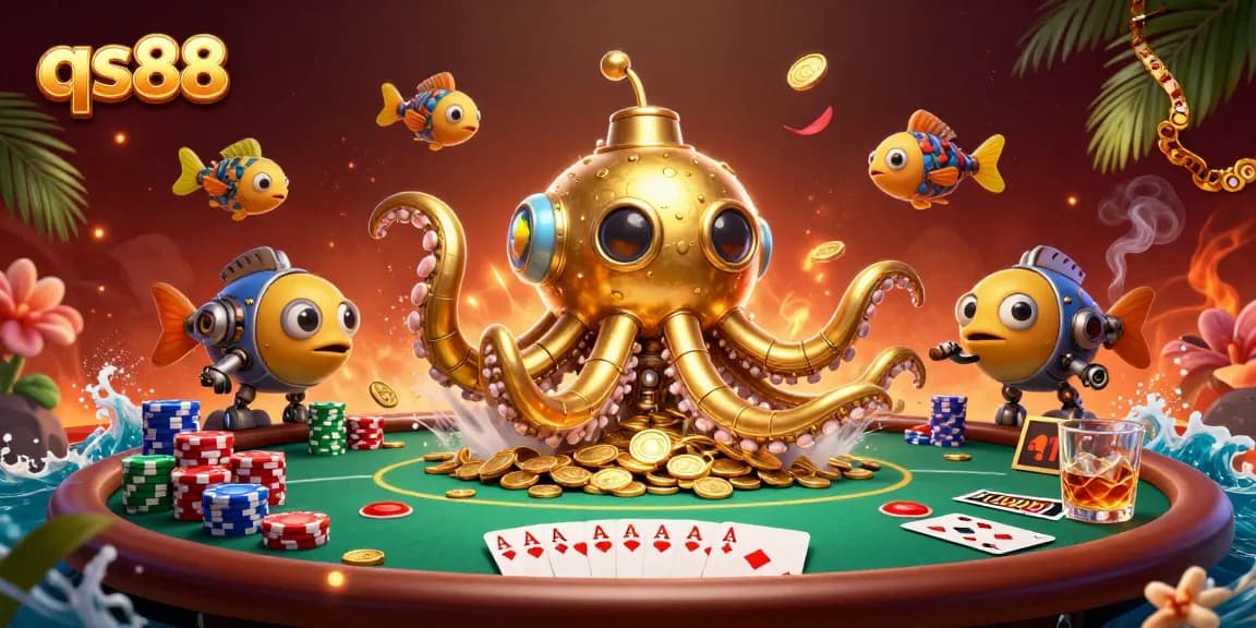 Experience high-stakes poker action with qs88's golden kraken submarine amidst a sea of coins.