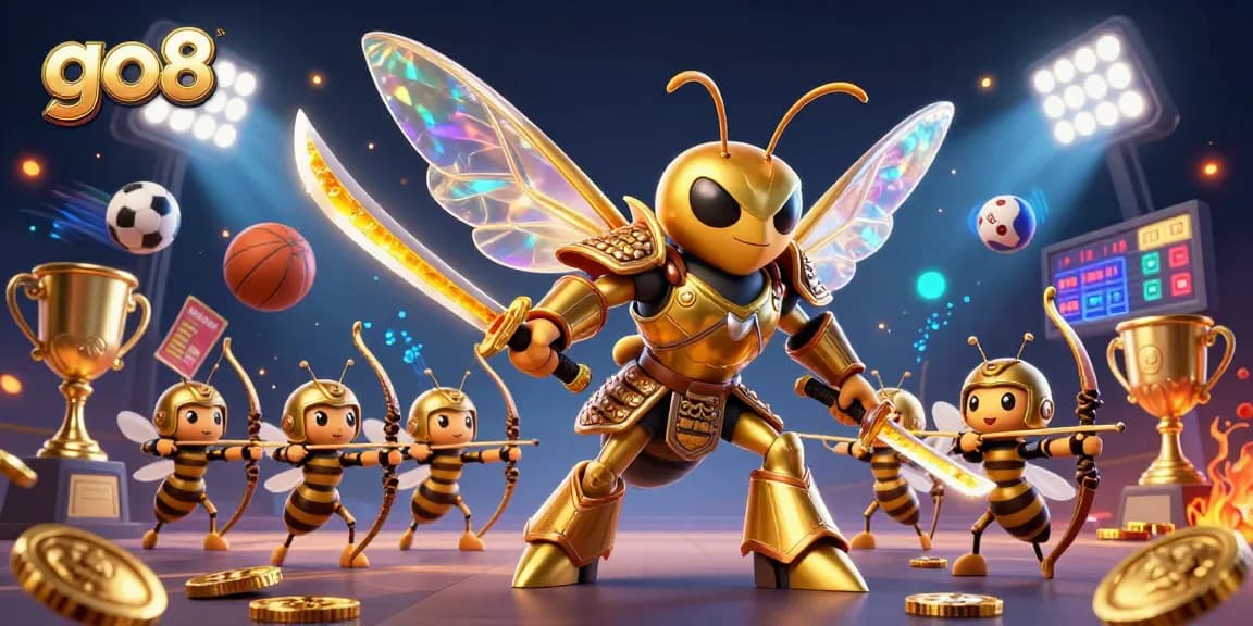 Experience thrilling moments at go8 with a vibrant 3D illustration of gaming action featuring sports elements and dynamic characters.