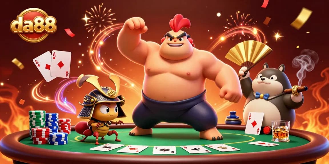 Engage with the excitement of da88 at a lively poker table featuring dynamic characters and vibrant casino elements.