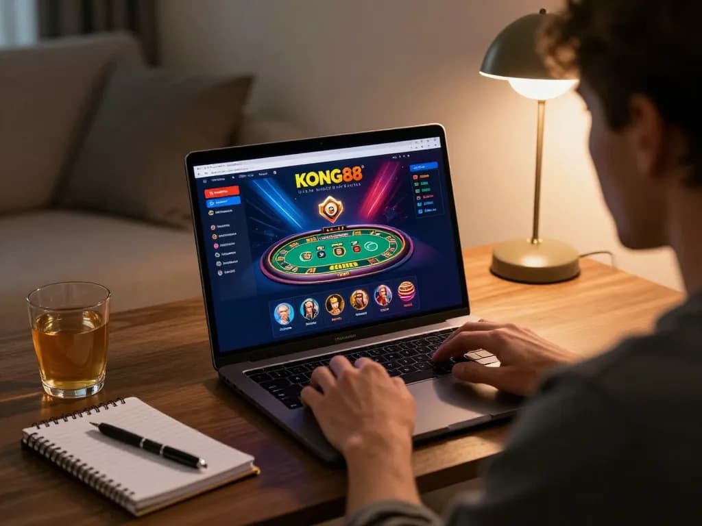 KONG88 player engaging in dynamic online casino gameplay on laptop in cozy home setting.