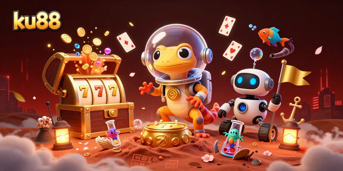 Experience excitement at ku88 with a colorful illustration of a Martian gecko discovering a golden casino.