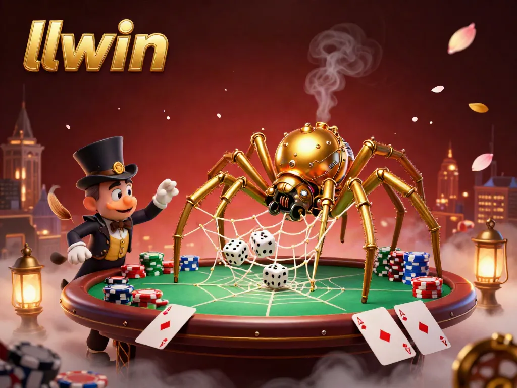 Experience thrilling gameplay with llwin featuring a steampunk spider weaving golden chains and poker chips.