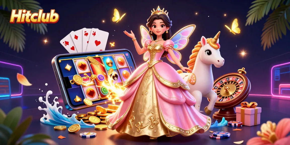 Hitclub slots illustration featuring a glamorous character, colorful slot games, and dynamic casino elements.