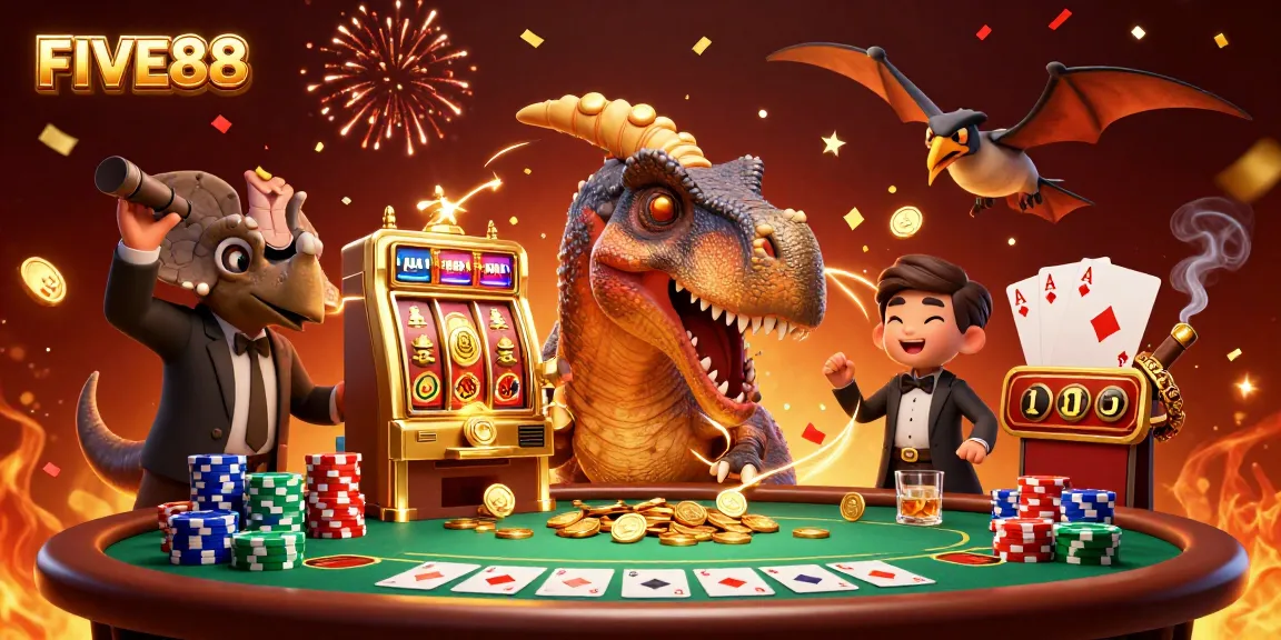 FIVE88 illustration of a dinosaur winning at a casino with golden slot machine and flying coins.