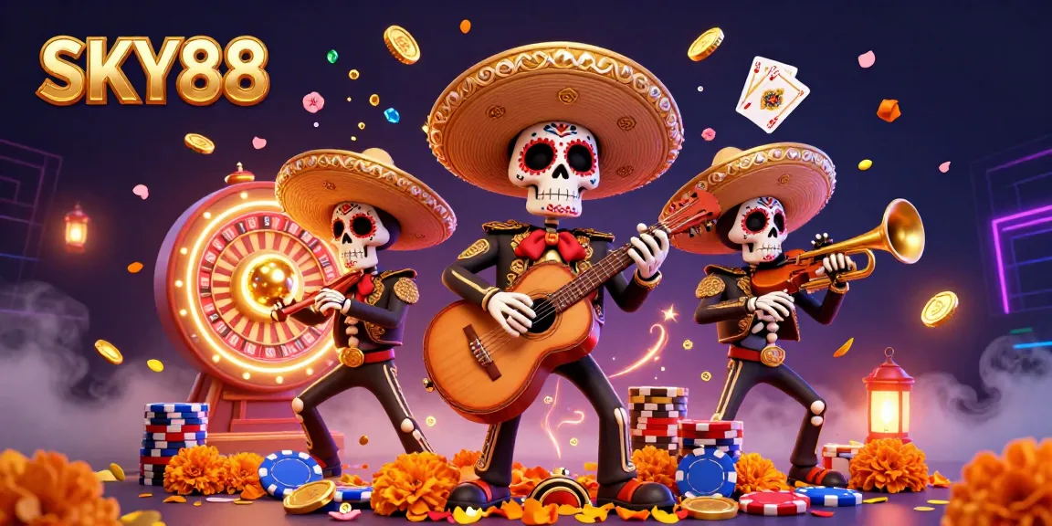Experience the excitement of SKY88 with vibrant mariachi characters amidst cascading coins and a spinning roulette wheel.