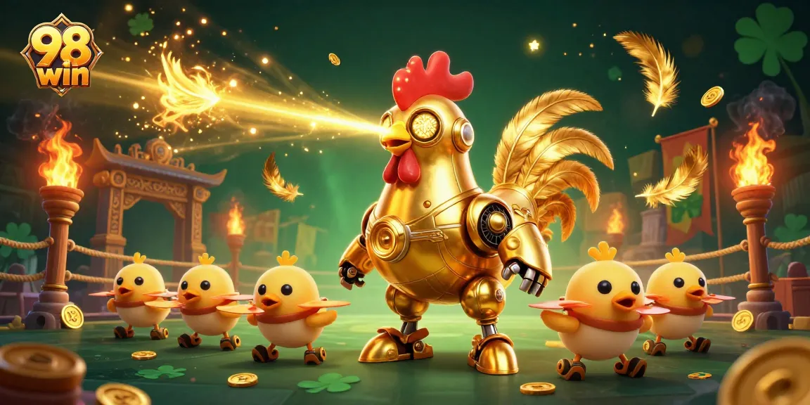 Engage with thrilling games at 98 win featuring a robotic rooster and dynamic gaming elements.