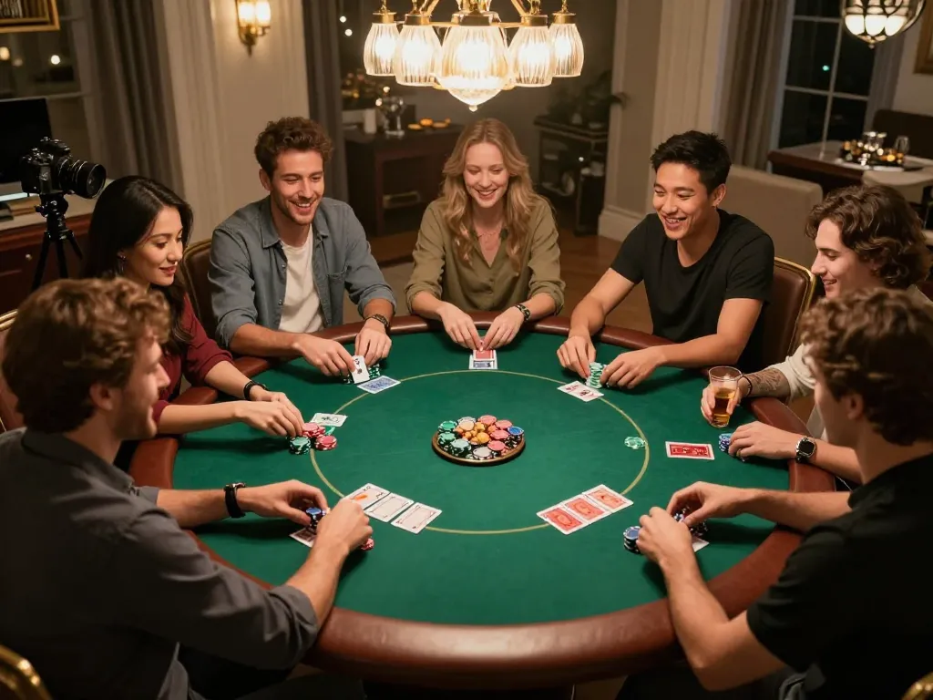 Engaged group playing poker at home with Dabet-themed decorations, showcasing strategy and fun.