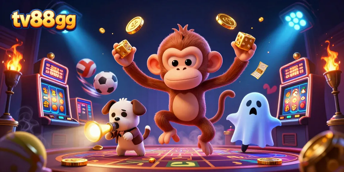 Engage with the dynamic gambling scene featuring tv88 gg, where joyful golden gaming objects enchant a playful poltergeist monkey.