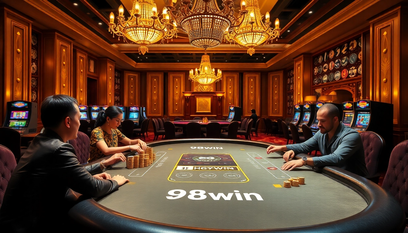 Players strategizing at a vibrant poker table in a luxurious casino setting featuring 98win branding.