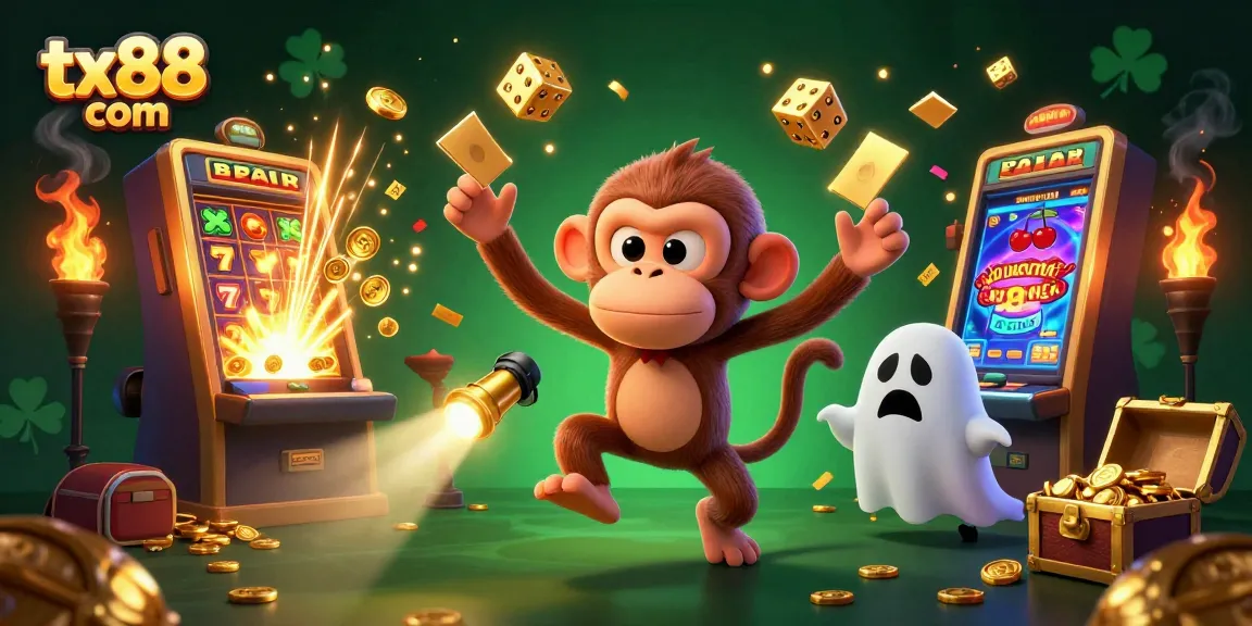 Experience thrilling gameplay at tx88 com with a lively scene featuring a poltergeist monkey juggling casino treasures and a curious puppy tracking it.