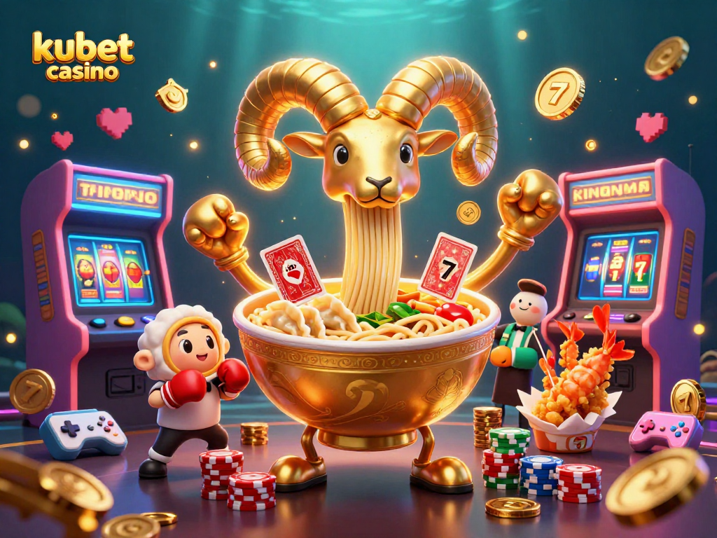 Kubet casino's colorful animated scene featuring a giant ramen bowl dealer and vibrant gaming elements.