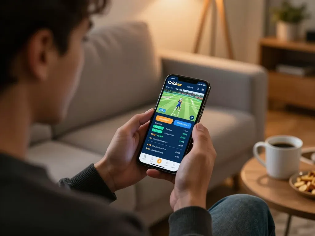 Player placing live bets on Crickex mobile app during exciting cricket match.