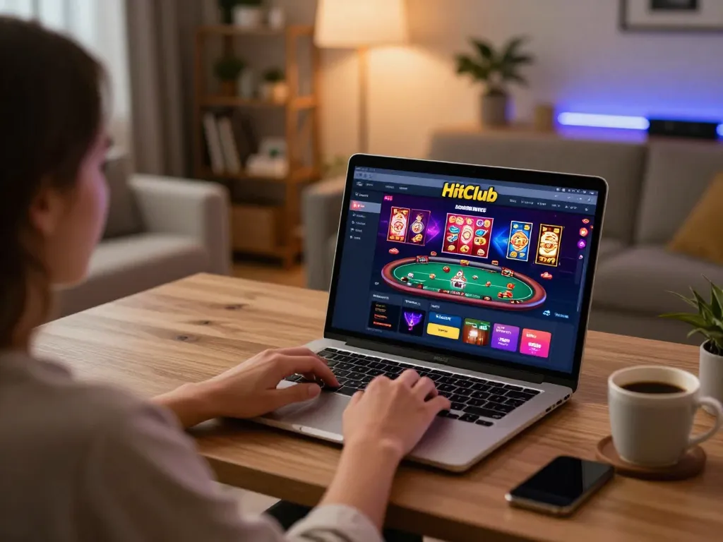 The player enjoys online gaming at https://hitclub.im/ on a laptop, showcasing a vibrant poker interface in a cozy home setup.